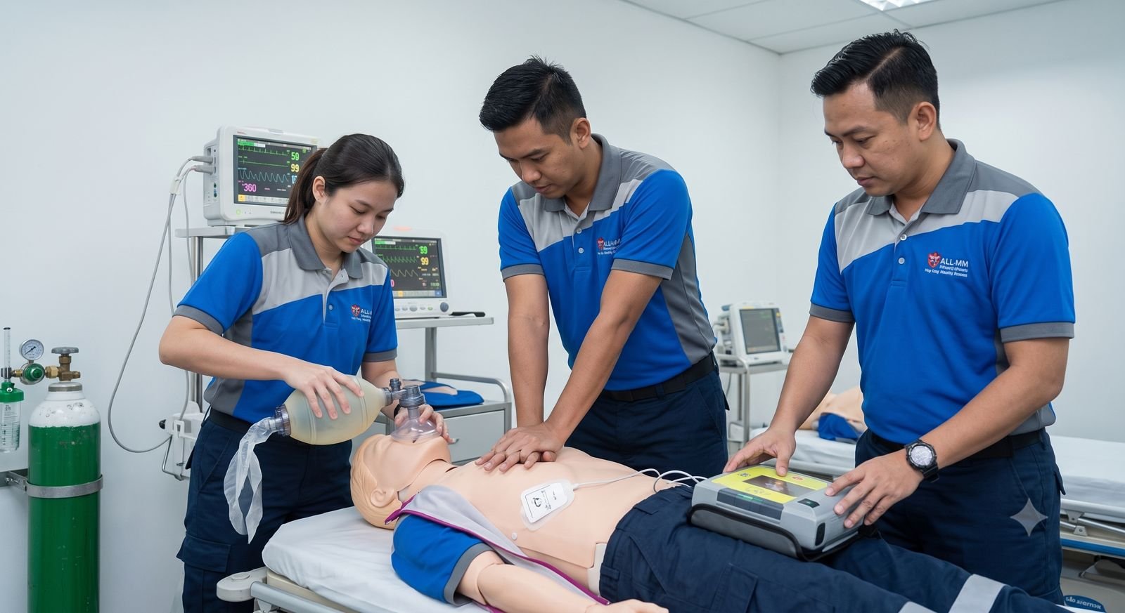 Basic Life Support practice with a bag-valve-mask and AED in a clinical training room