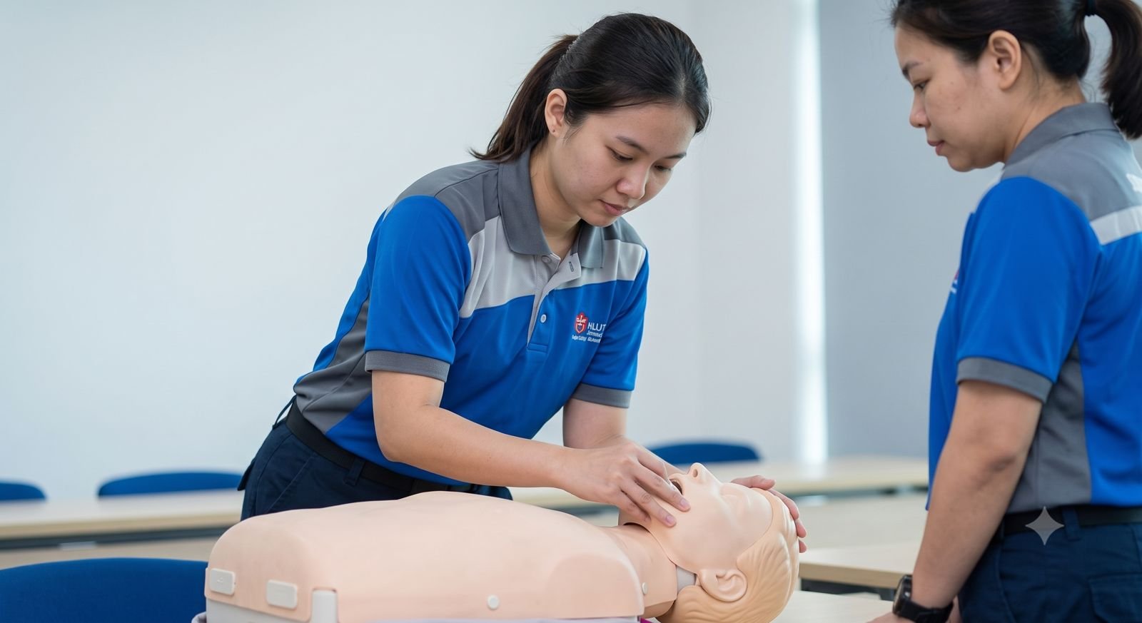 Trainee performing chest compressions on a CPR manikin