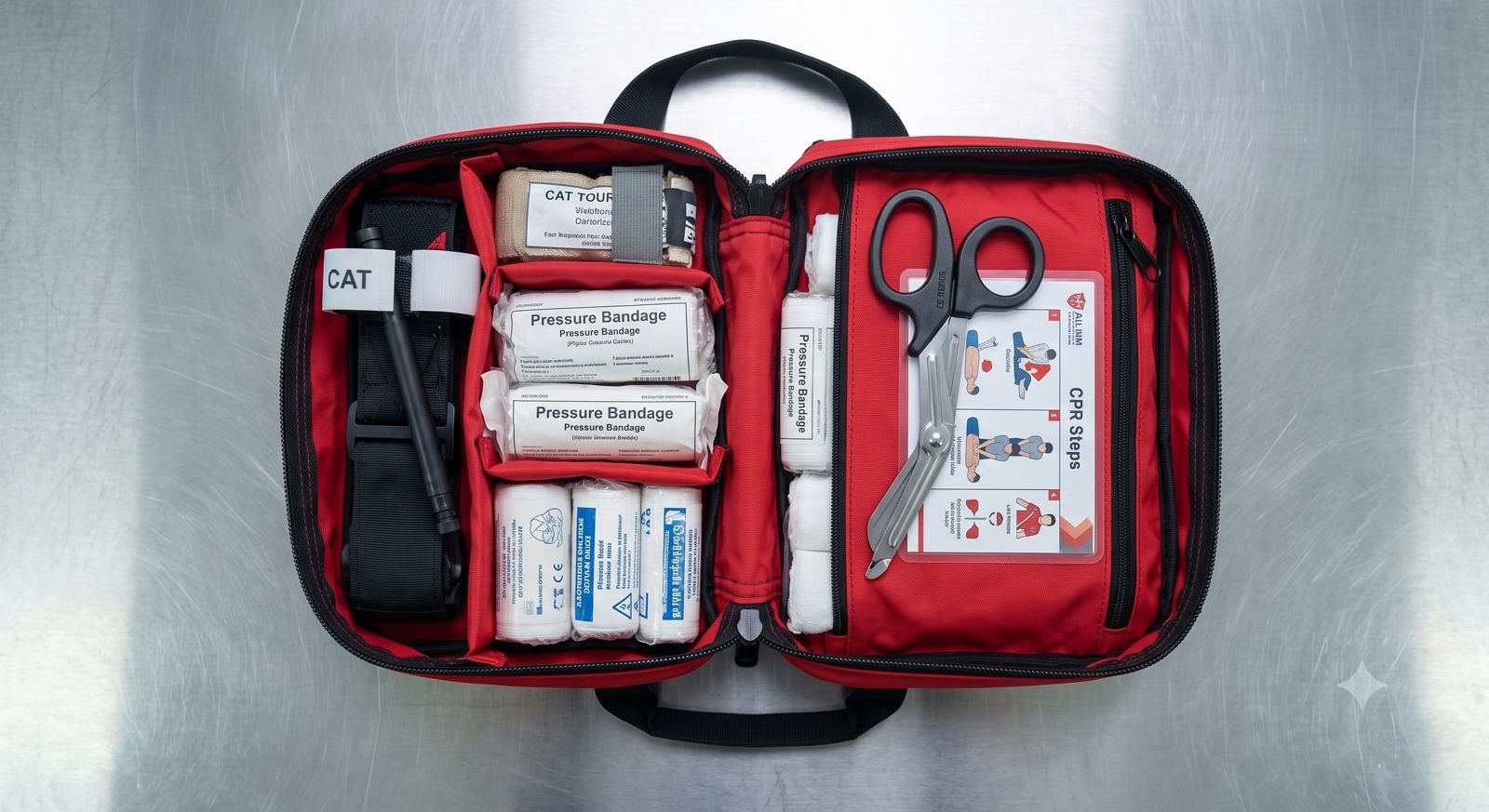 Flat lay of a red DOSH-compliant first aid pouch and its contents